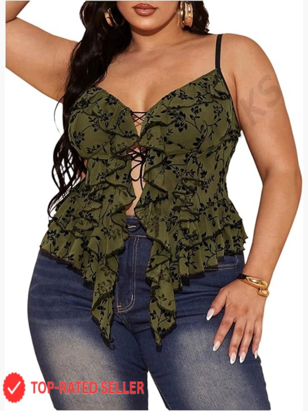 Women's Plus Size Sheer Mesh Lace Up Y2k Tank Top Camisole Open Front Ruffled